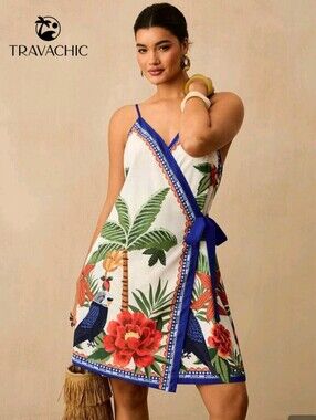 SHEIN White Tropical Print Mini Dress with Blue Trim and Orange Floral Accents